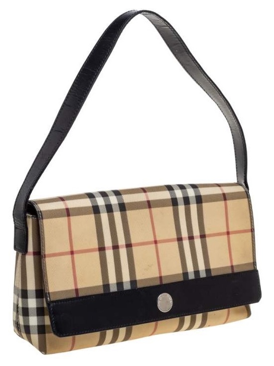 Burberry Handbags - Burberry Beige Check Canvas Shoulder Bag with Black Trim